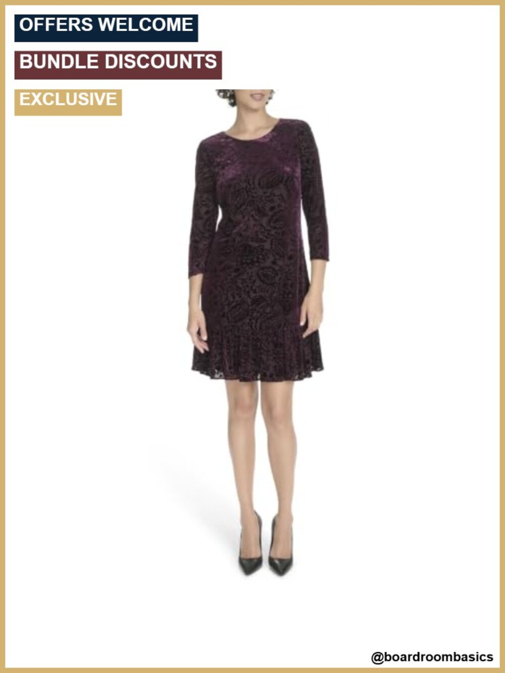 3/4 Sleeve Velvet Burnout Shift Mini Dress Double Ruffle Hem Work